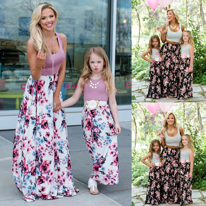 Платья для мамы и дочки длинное платье без рукавов с цветочным рисунком одежда