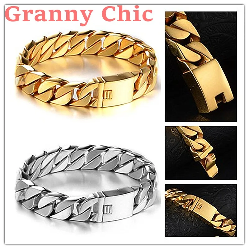 

Granny Chic High Quality 8.6" 15mm Wide Silver Gold color Curb Cuban Link 316L Stainless Steel Bracelet Mens Boys Unisex Jewelry