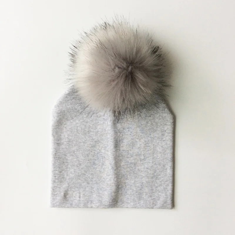 light grey Детская шапка, детская шапка из искусственного меха, хлопковая шапка с помпоном для девочек и мальчиков, полосатые детские шапки - Цвет: light grey