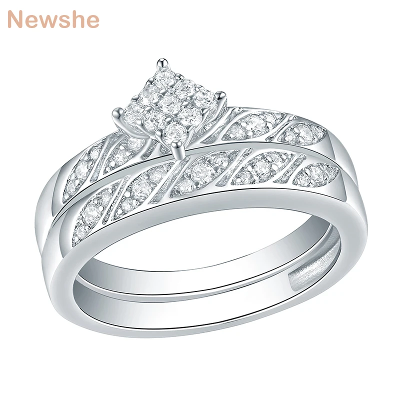

Newshe 2 Pcs Wedding Rings For Women 925 Sterling Silver Round Cut AAAAA CZ Rhombus Shape Eternity Engagement Ring Set