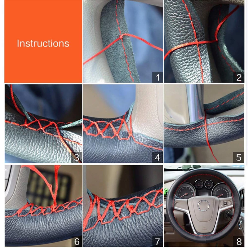 DIY чехол рулевого колеса автомобиля кожаный чехол колеса с иглами и линиями противоскользящая оплетка на ручной сшитый черный 38 см интерьер автомобиля