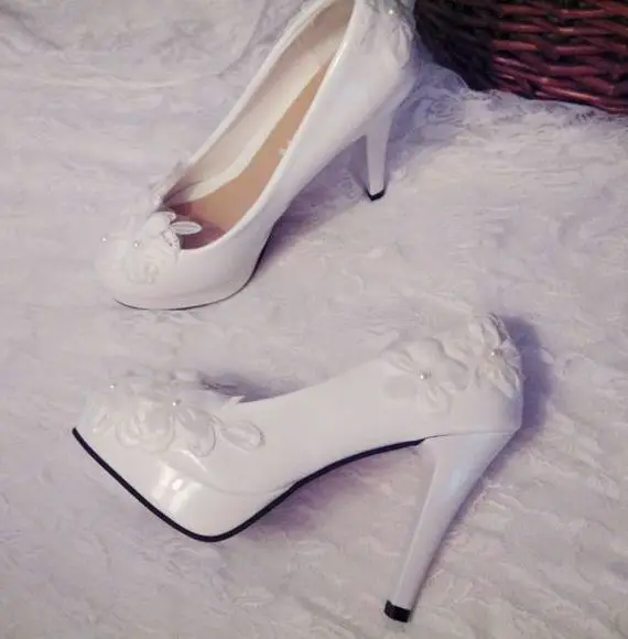 

11cm/8.5cm super high heels platforms wedding shoes woman round toes plus size heeled lace flower bridal brides wedding shoe