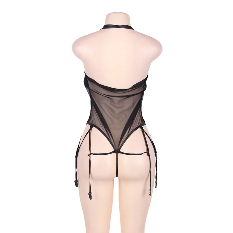 

Black Bodysuit Faux Leather Stitching Body Suits For Women Halter Deep V Neck Backless Solid Women Body Sexy Romper RS80473