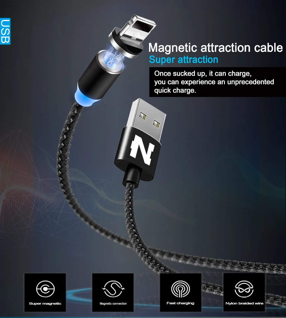 Магнитный кабель быстрой зарядки Micro Тип usb C кабели для iPhone samsung светодиодный LED