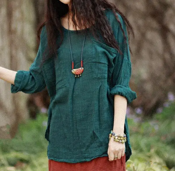 Green USWMIE, Весенняя футболка для женщин, стиль Mori Girl, Джокер, карманы, Круглый ворот, длинный рукав, сплошной цвет, хлопок, неровный подол, верх - Цвет: Green