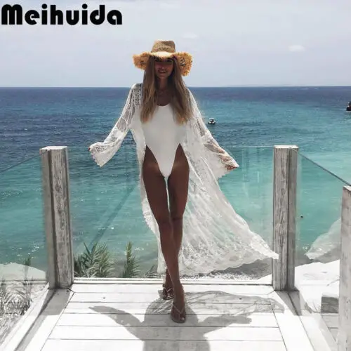 Meihuida, кружевное женское пляжное платье, Сетчатое, цветочное, бикини, накидка, праздничная, с длинным рукавом, женская пляжная одежда, Лидер продаж, накидка