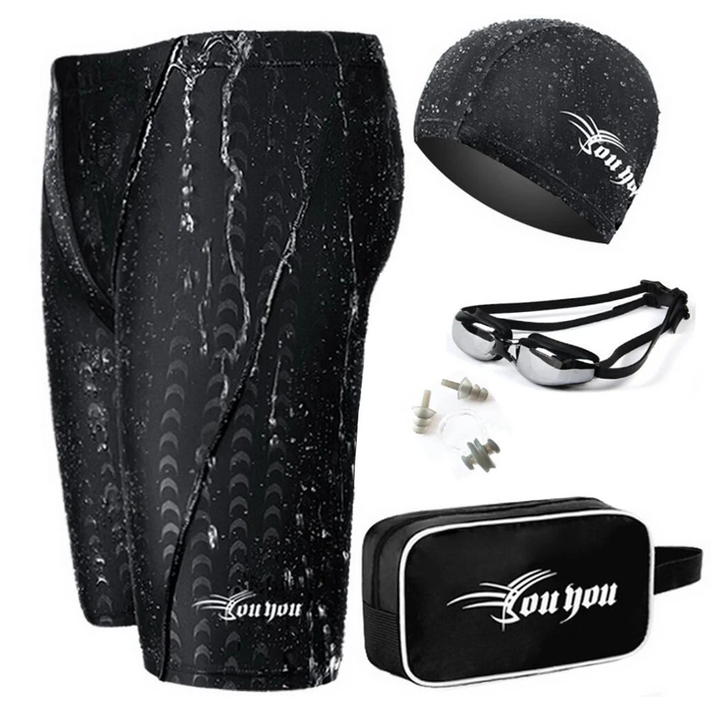 Shark skin black Мужские купальные костюмы, одежда для плавания с очками для плавания, заглушки для ушей, зажим для носа и мужские плавки, Шорты для плавания для мужчин - Цвет: Shark skin black