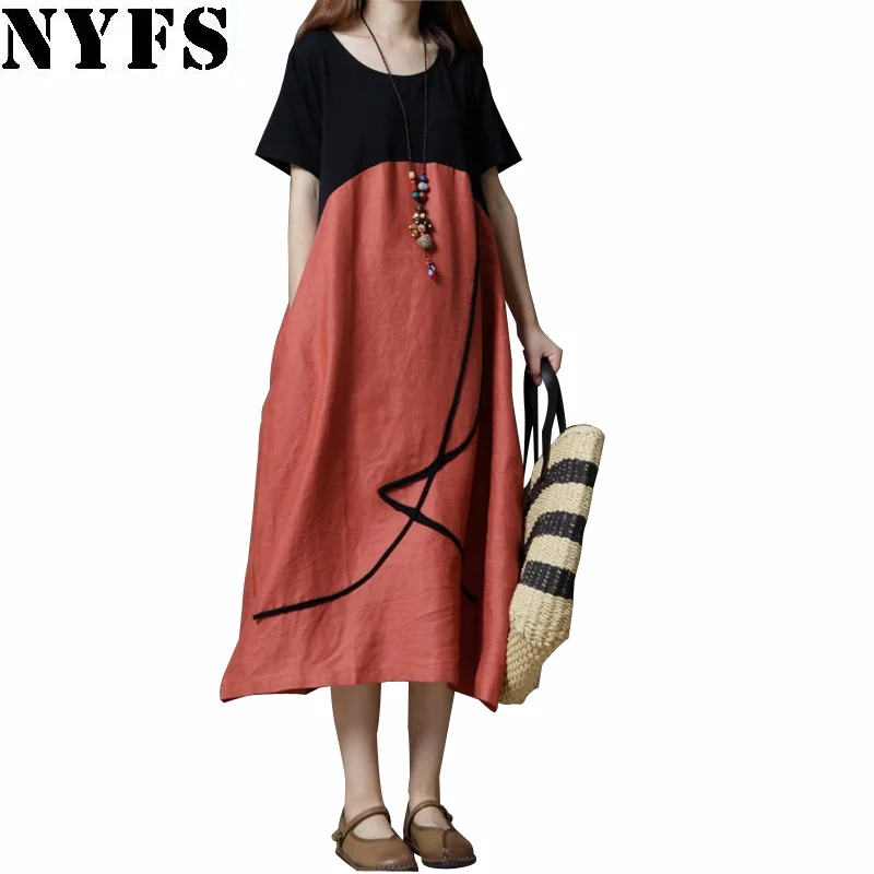Женское винтажное платье из хлопка и льна Свободное длинное большого размера для