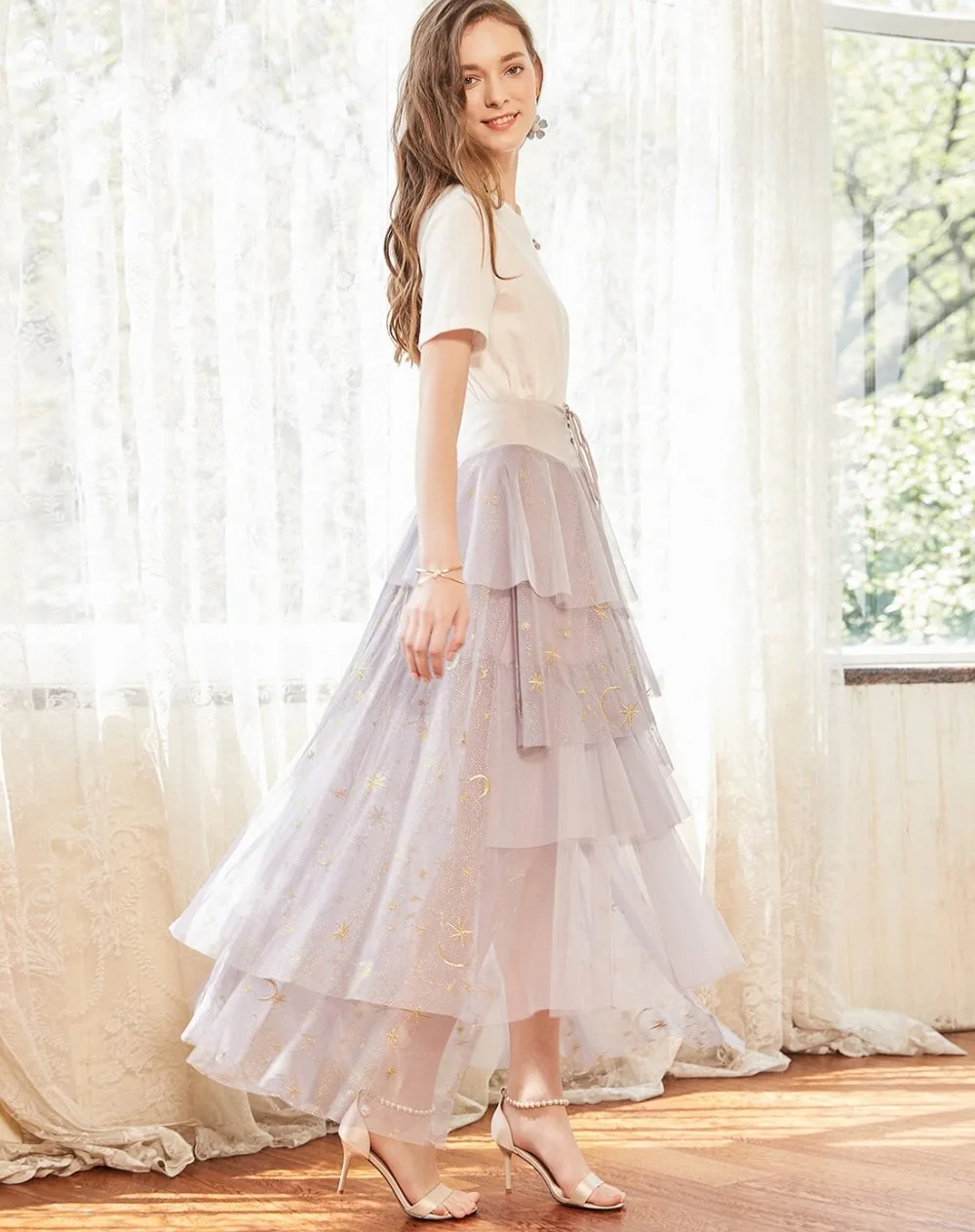 Женская юбка на бретельках ARTKA розовая элегантная романтичная с вышивкой QA15086X