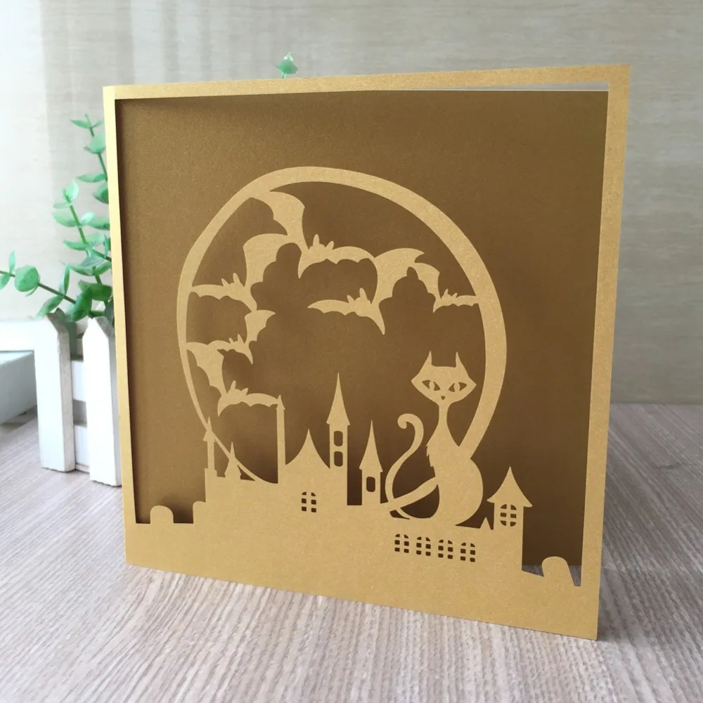 

100pcs/lot Hot Laser Cut Invitation Card Delicate Carved Pattern Happy Halloween Celebration Greeting Card Party Favor