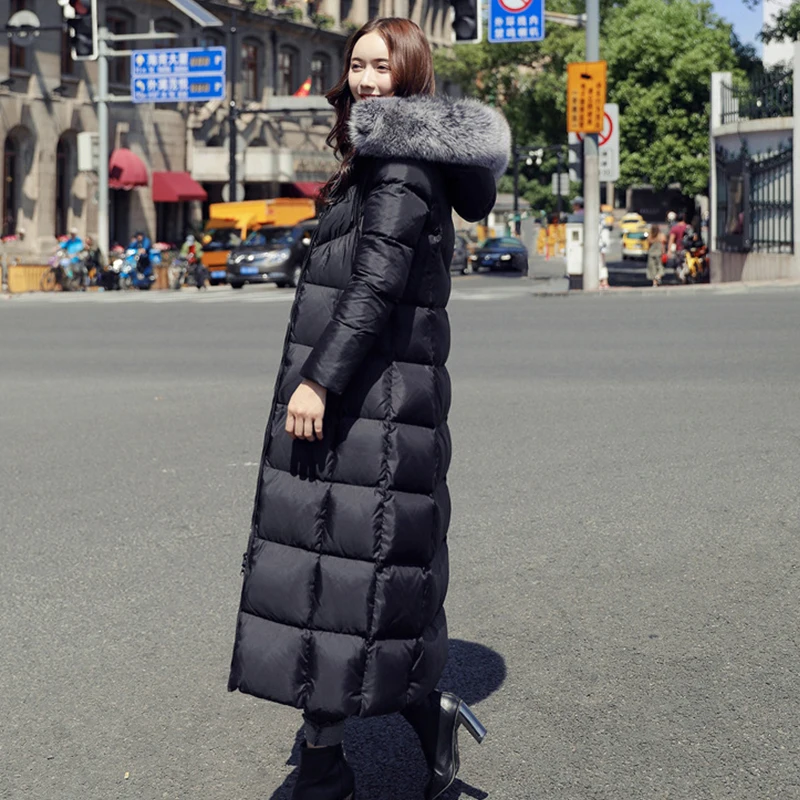 30 Degree Women Winter Coat Snow Wear Large Fur Collar Super Long Down Parkas White Duck Down Thick Warm Female Outwear Coat
