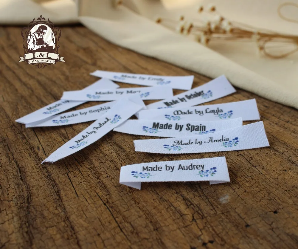 Custom Blue flower labels Sewing Labels Clothing Tags Flat folding Cotton Ribbon Label kids or baby (MD537) | Дом и сад