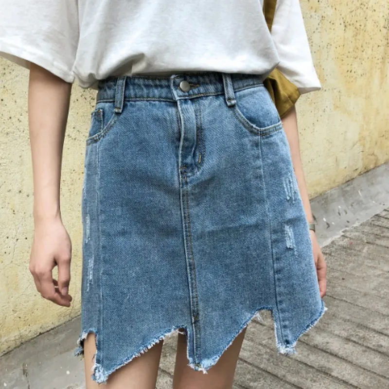 Летняя синяя джинсовая женская юбка Повседневная корейская мода Асимметричный