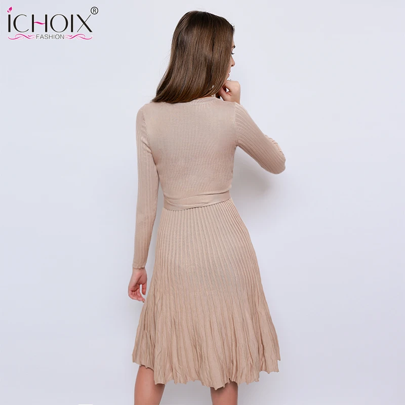 

ICHOIX Elegant Winter knitting Dress 2019 New Autumn Office High Waist Dresses Women V-Neck Vintage Pleated Vestidos With Sashes