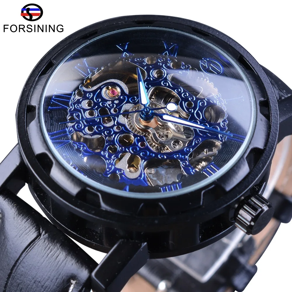 Мужские часы с синим циферблатом Forsining скелетоны кожаным ремешком|clock brand|clock