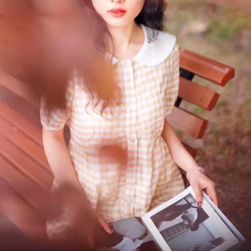 Летнее платье boho kawaii белое желтое в клетку Элегантное повседневное винтажное
