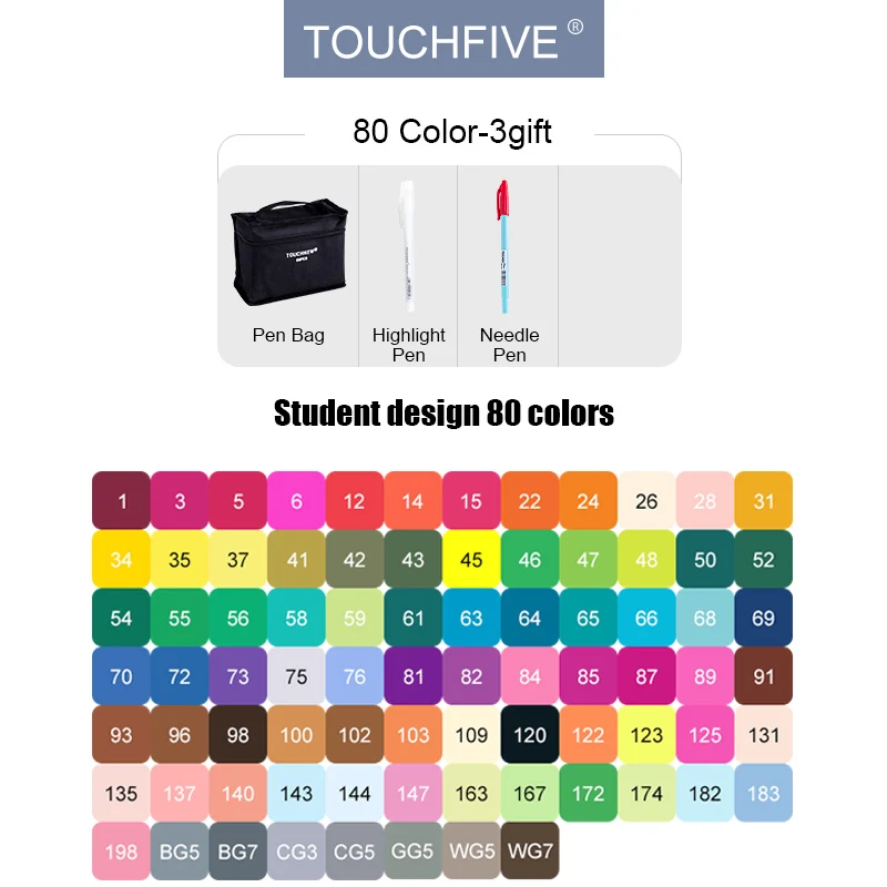 80-colors-student TouchFIVE маркеры 40/60/80/168 и 30 штук на выбор, набор профессиональных маркеров на спиртовой основе с двойным наконечником для рисования, эскизов, дизайна, манги и аниме - Цвет: 80-colors-student