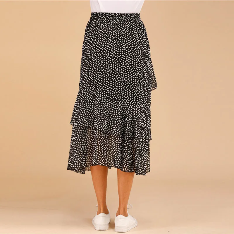 Dotfashion черно-белая многослойная юбка с принтом для женщин Лето Бохо весна Дамская мода трапециевидная Юбка со средней талией