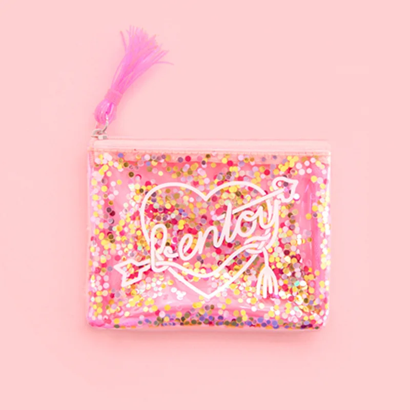 Kawaii кошелек из ПВХ для девочек, кошелек с блестками, короткая тонкая сумка, корейский держатель для карт, держатель для ключей, мини-сумка, клатч, кошелек с кисточками, подарок - Цвет: Розовый