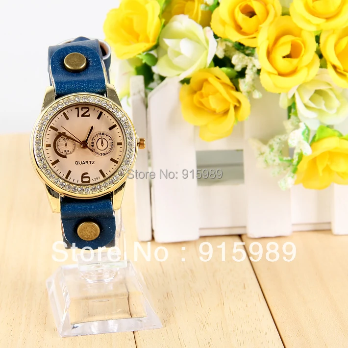 2013 Fashion Crystal Shinning Colored Ladies Wrist Watch Retro Quartz Dress PU Leather Free Shipping 100pcs | Наручные часы
