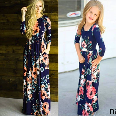 Blue long sleeve Богемные женские платья для мамы и дочки, Платья с цветочным принтом для маленьких девочек, одинаковые платья для семьи, модное платье для мамы и меня, платье для малышей - Цвет: Blue long sleeve