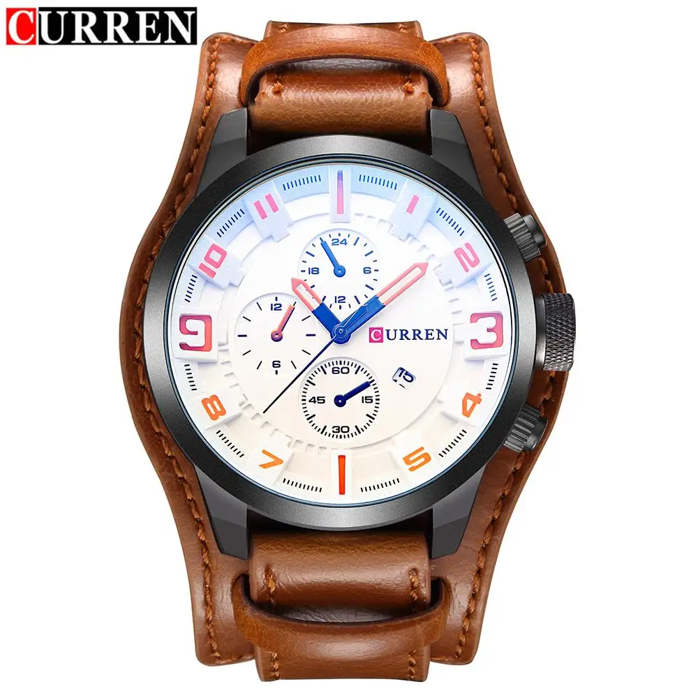 Brown White CURREN Мужские Военные Спортивные кварцевые часы мужские s брендовые роскошные кожаные ремешок водонепроницаемые мужские наручные часы 8225 Relogio Masculino - Цвет: Brown White