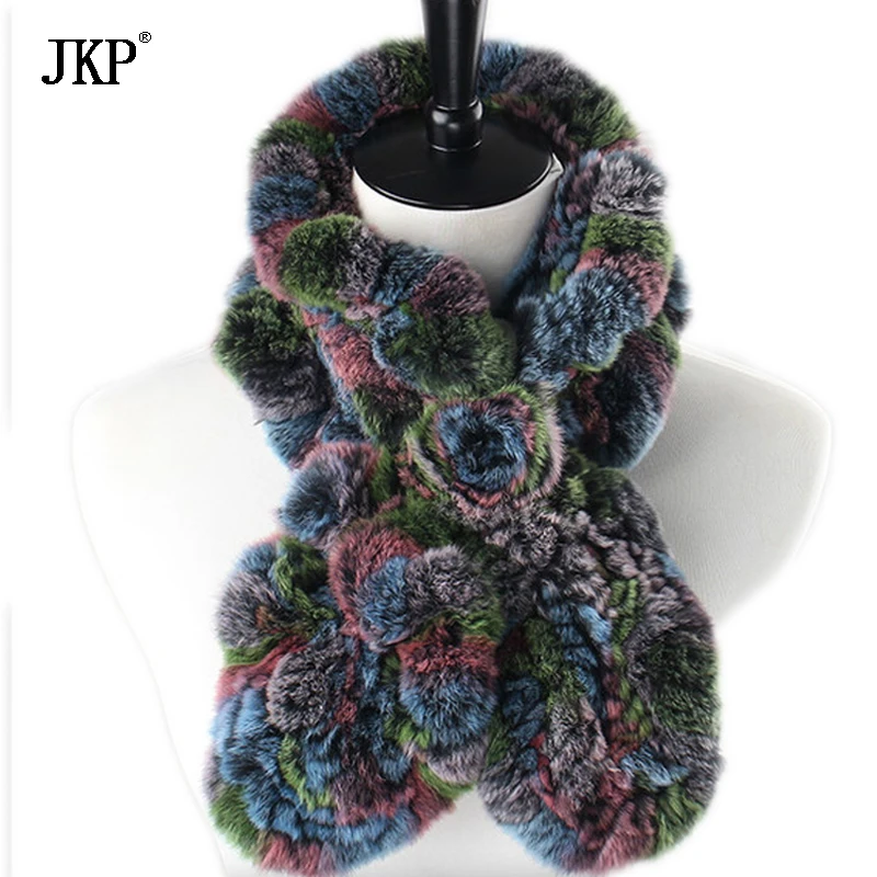 

Womens Real Rex Rabbit Fur Scarves Rose Design Girls Natural Fur Scarf Wraps Winter Soft WJ-96