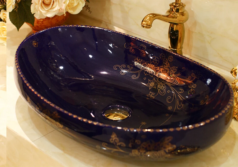 

Oval Bathroom Lavabo Ceramic Counter Top Wash Basin Cloakroom Hand Painted Vessel Sink 5055