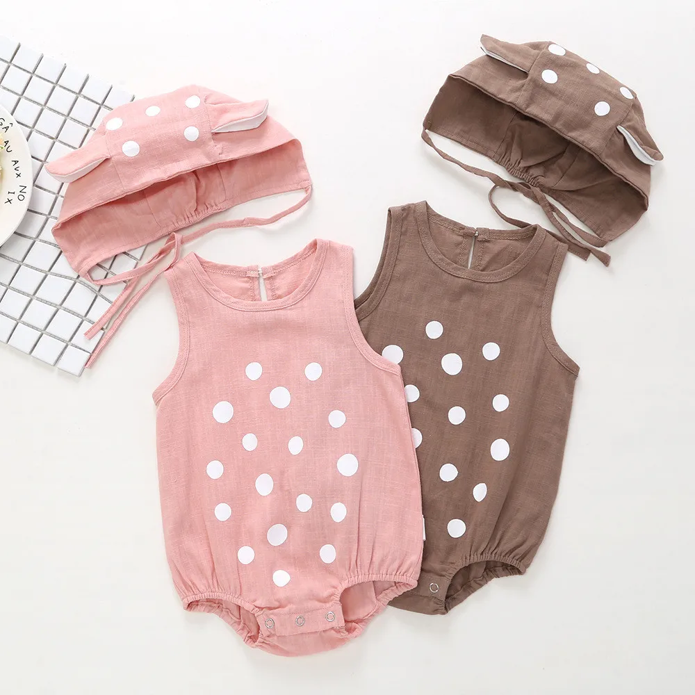 

Summer Baby Romper Newborn Little Dot Print+Hooded Sleeveless Jumpsuit Cotton Infant Children Climbing Clothes