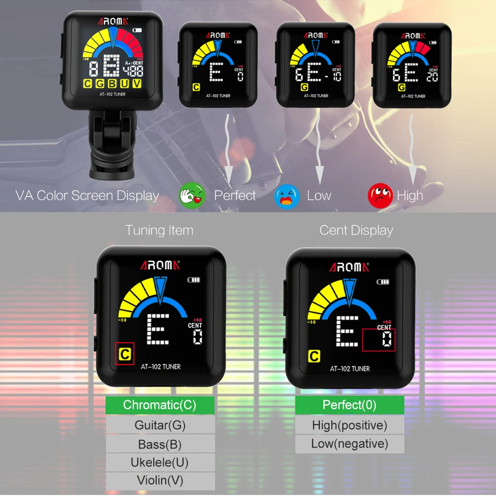

AROMA AT-102 Rechargeable Rotatable Clip-on Electronic Tuner Color Screen with Built-in Battery USB Cable for Chromatic Guitar