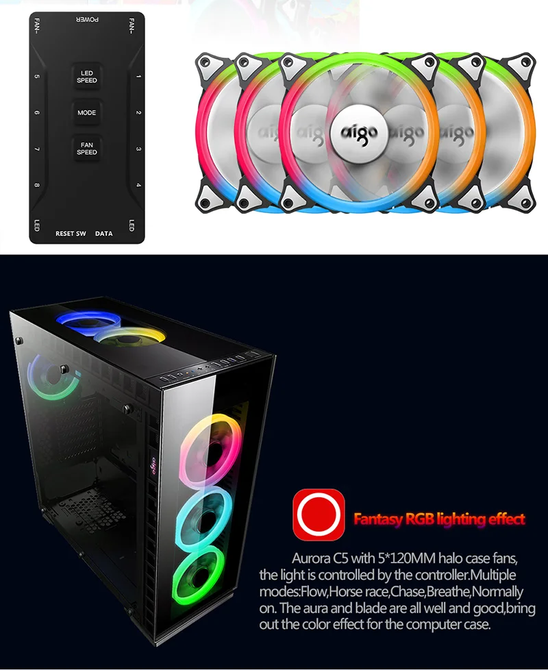Aigo darkFlash Aurora C5, комплект, чехол для ПК, вентилятор, RGB светодиодный, 120 мм, Охлаждающие вентиляторы, регулировка, цветной, PC, cpu, чехол для компьютера, Охлаждающий радиатор