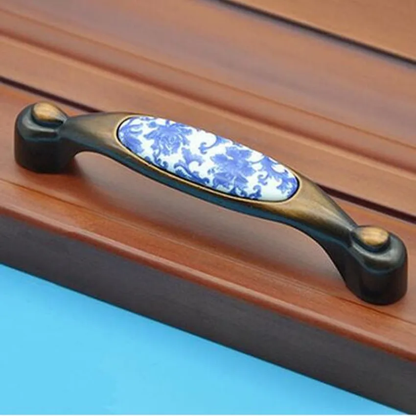 96 мм ручки для выдвижных ящиков из белого и синего фарфора кухонного шкафа ручка