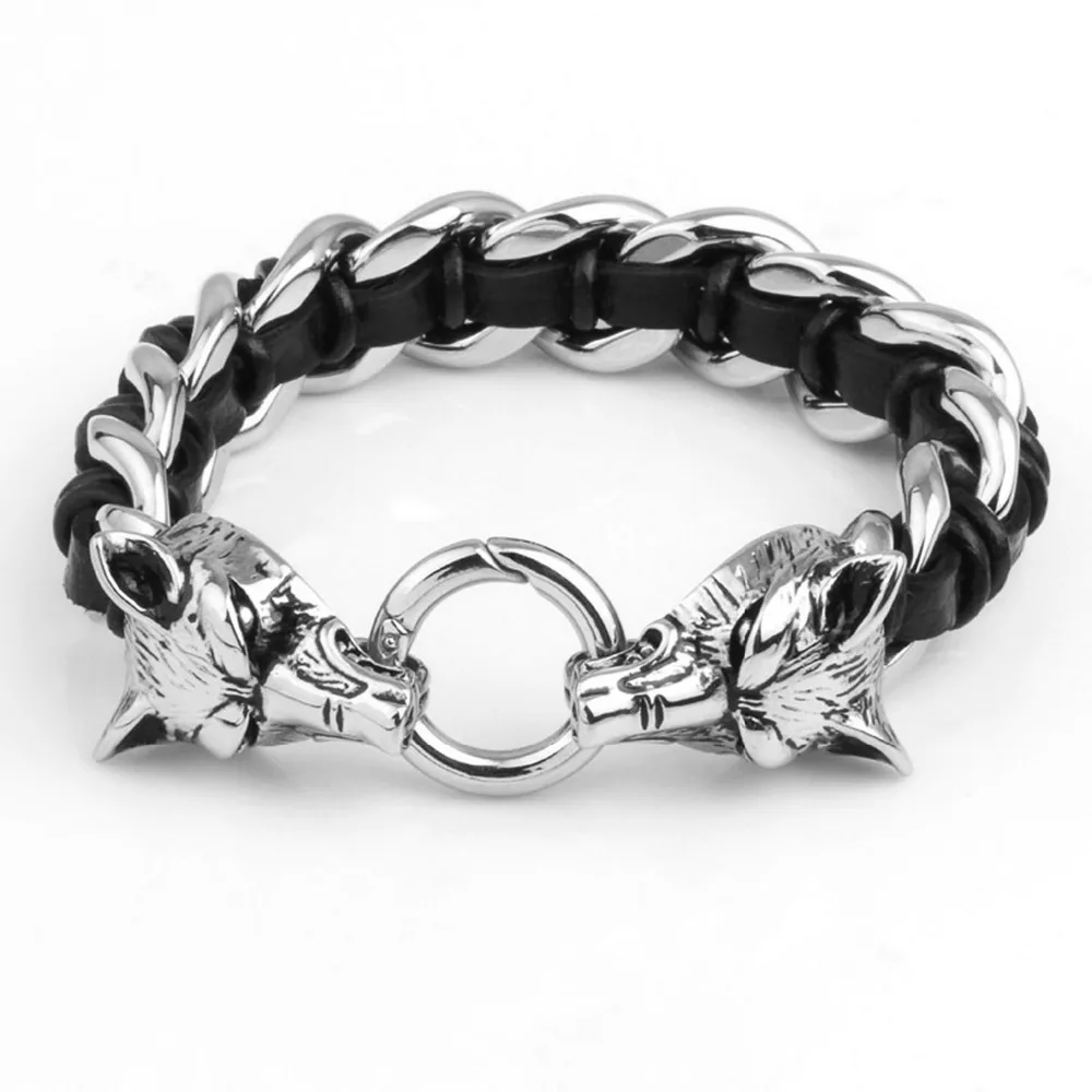 

Fine Jewelry Two Wolf Heads Stainless Steel Leather Men's Bracelet Male Black Genuine Leather Weaved Animal Wolf Bracelet Gift