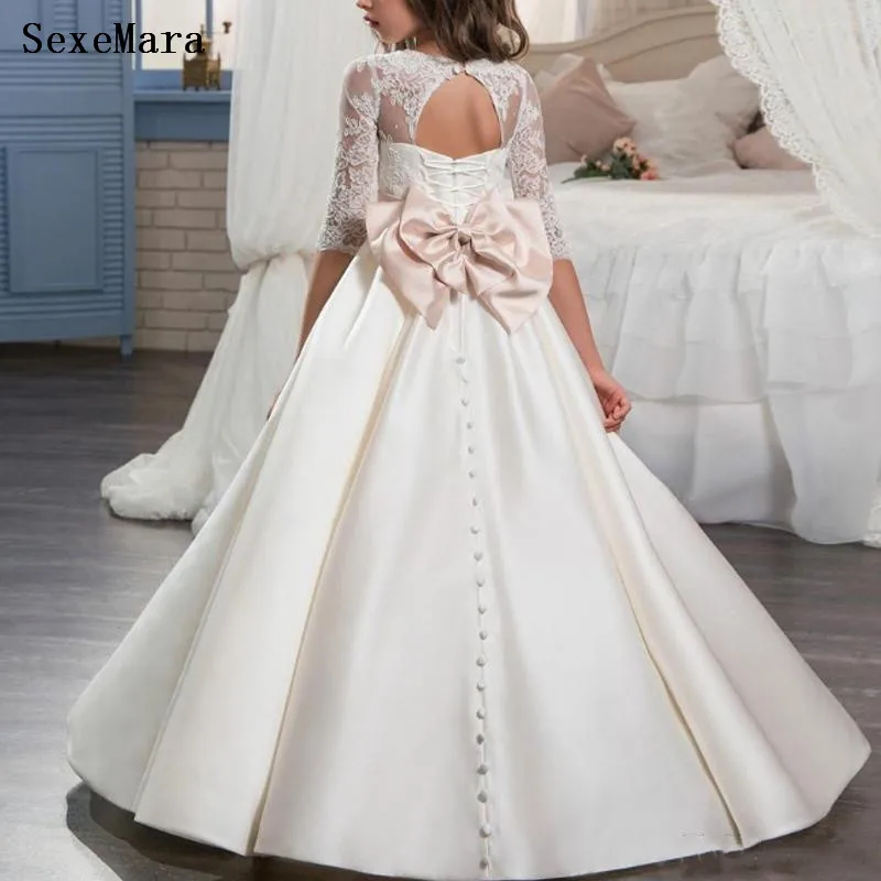 Ivory White First Communion Dress for Girls Half Sleeves Lace Open Back Satin Flower With Bow | Свадьбы и торжества