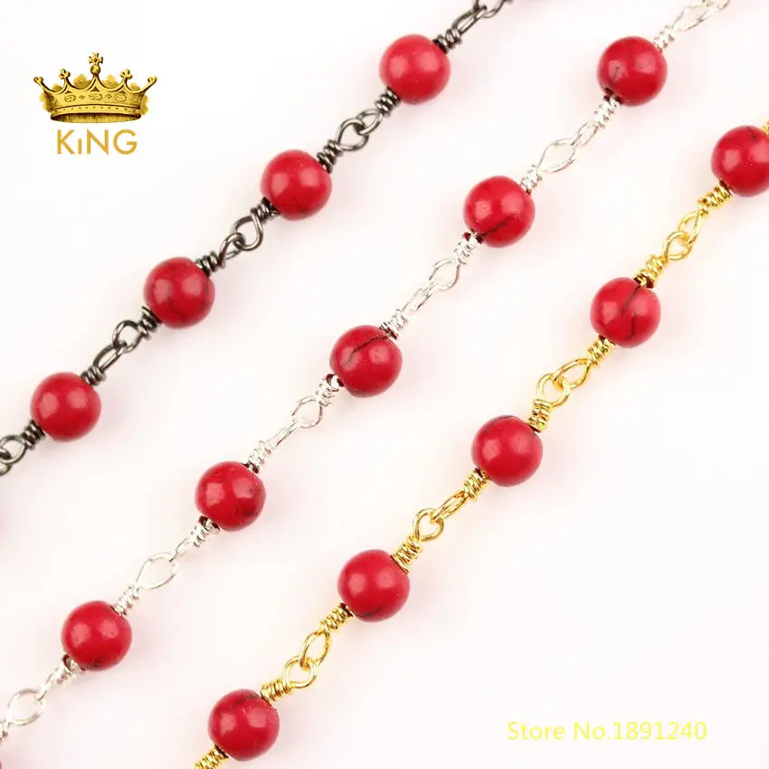 Цепочки для ожерелья с красными бусинами Howlite 5 метров оптом 6 мм круглые медные