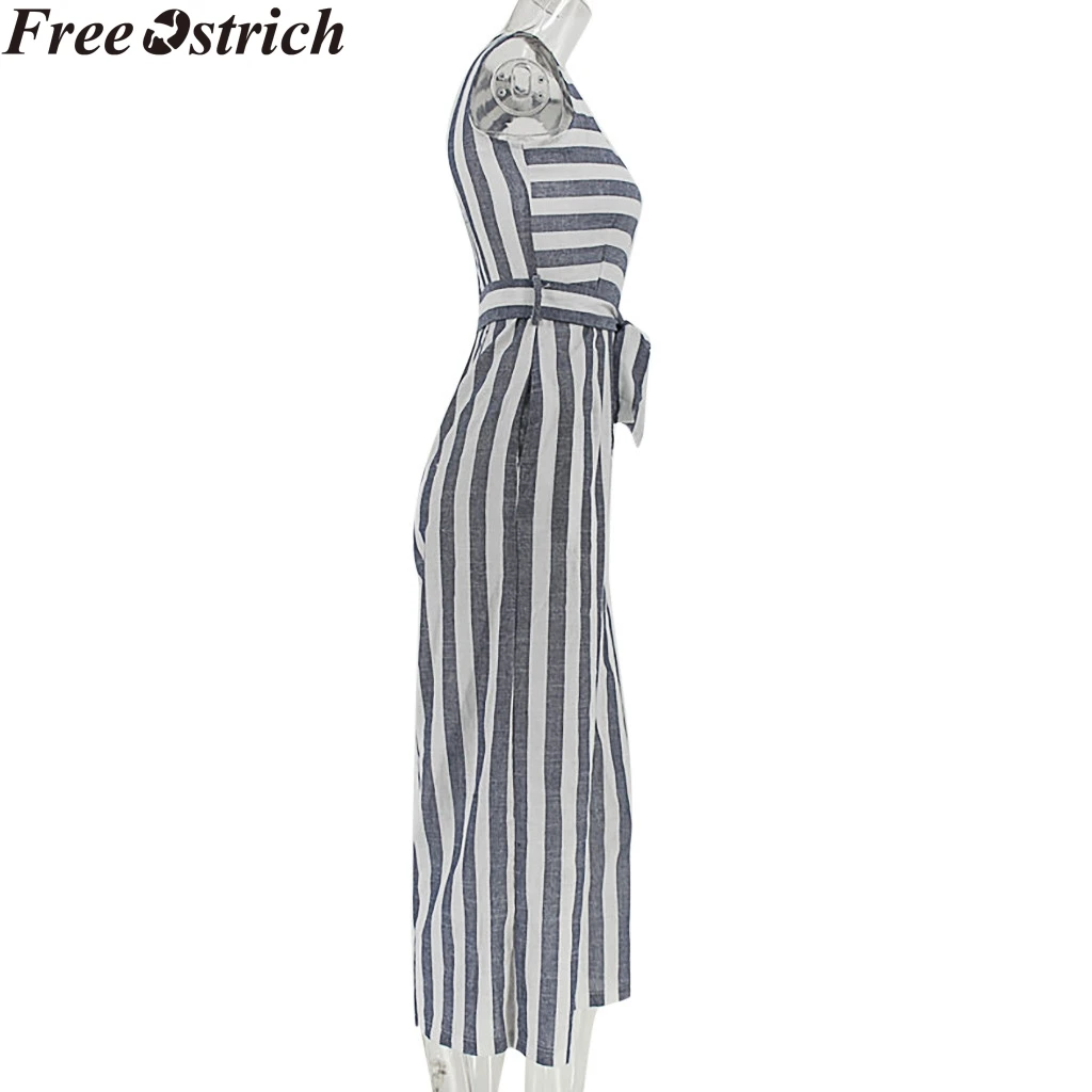 Women Summer Striped Wide Legs Jumpsuit Business Long Sleeveless High Waist Plus Size bodysuit Ladies V-neck Soft Casual Rompers | Женская