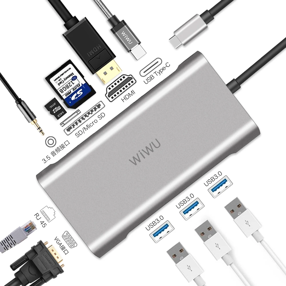 WIWU 10 в 1 USB концентратор для MacBook C к VGA/RJ45 Thunderbolt 3 адаптер Dell/Samsung/Huawei P20 Pro Type c 0