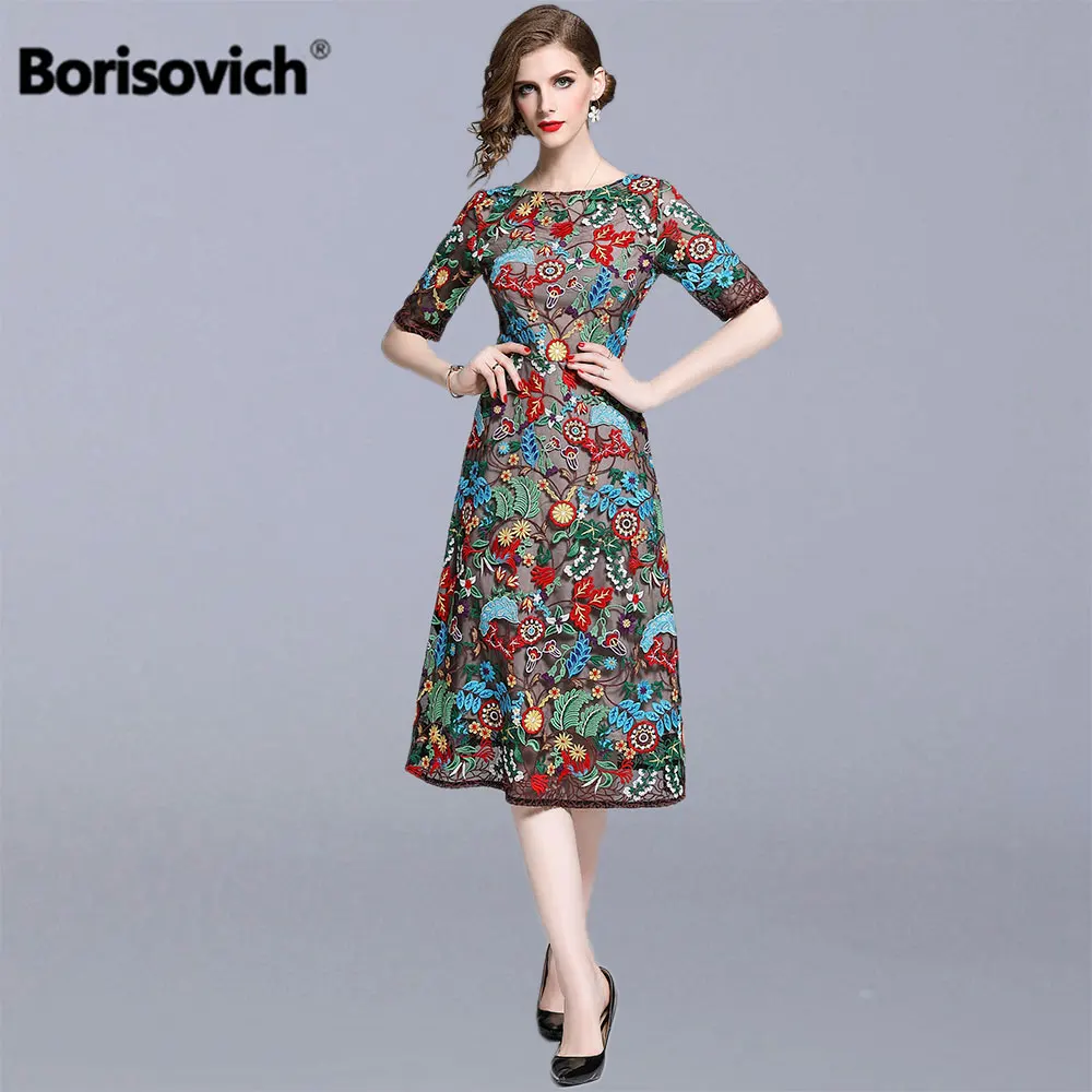 Borisovich винтажные женские вечерние платья с цветочной вышивкой, новинка, модное элегантное женское ТРАПЕЦИЕВИДНОЕ длинное платье с коротким рукавом N1234