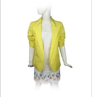 Women Candy Color Jackets Suit Slim Ladies Blazers Three Quarter Work Wear Jacket None Button Business female blazer Coat - Color: Yellow