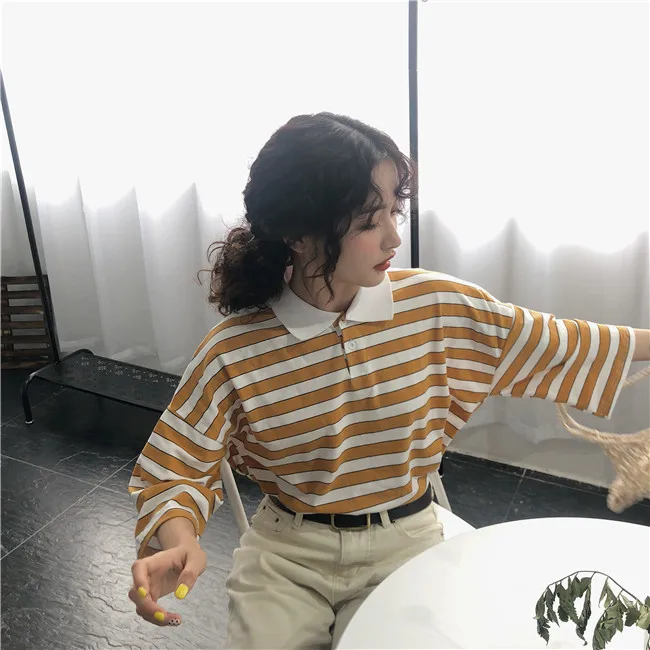 Ulzzang, летняя, с коротким рукавом, с отложным воротником, женская, большой размер, в полоску, свободная, новая, Harajuku, половина, винтажная, хлопковая футболка, топы
