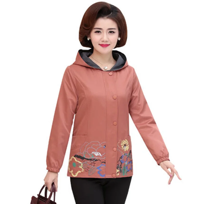 

Middle-aged mother new autumn jacket women spring autumn tops hooded embroidered loose coat female short jacket plus size jacket