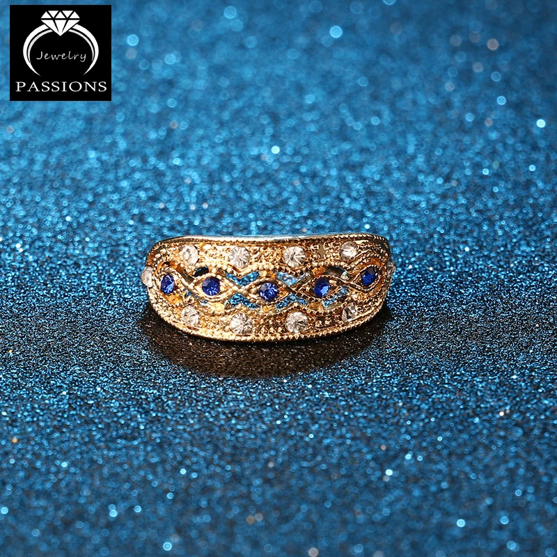 Хит продаж богемное кольцо в этническом стиле Синие стразы золотистый цвет