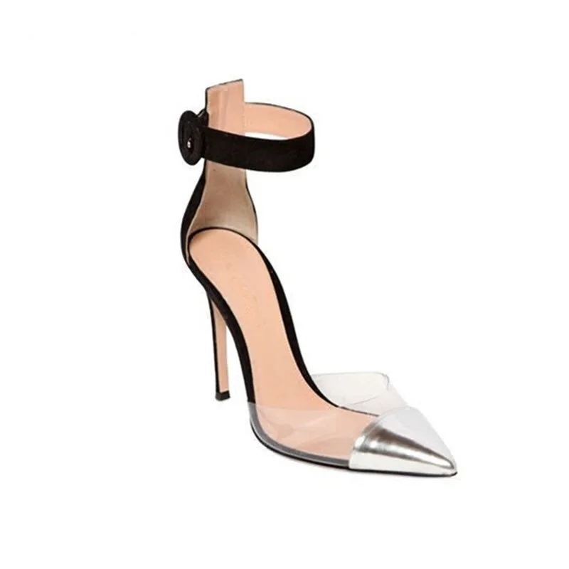 

Newest Black And Silver Mixed Color Transparent Ankle Buckle Strap Pointed Toe Pumps Women Summer Button High Heel Sandals