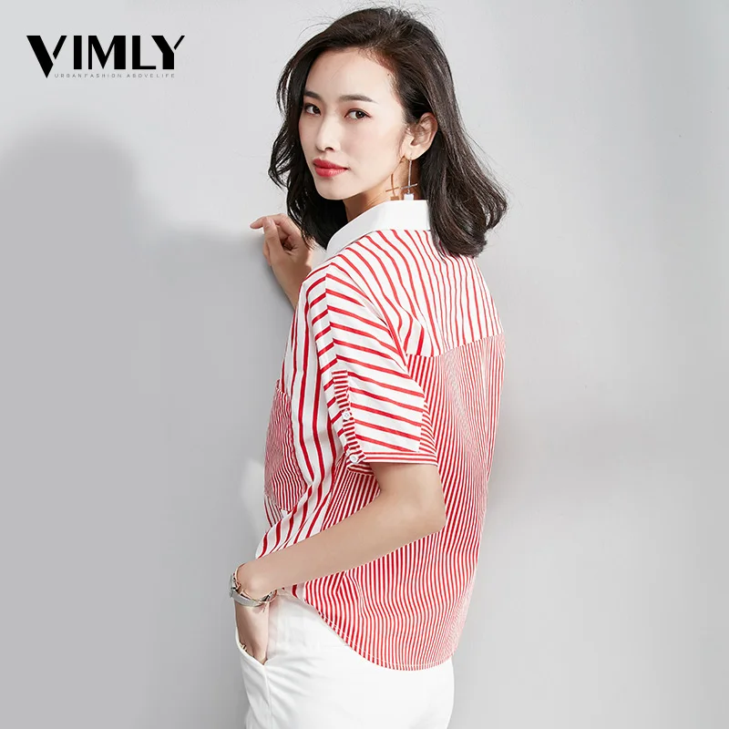 Vimly Women Striped Blouse Shirt Casual Summer Red Blouse Shirts Cotton Office Tops Street Wear High Street Style Button Pocket