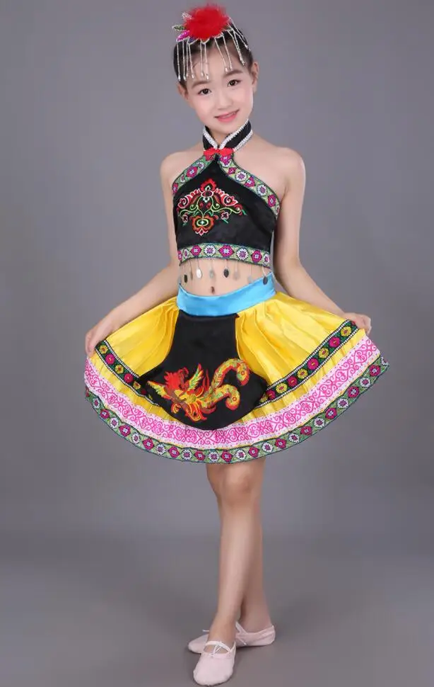 Детские костюмы Hmong летний детский костюм для сценических выступлений одежда для бальных танцев для девочек Китайская народная танцевальная одежда костюмы - Цвет: Цвет: желтый