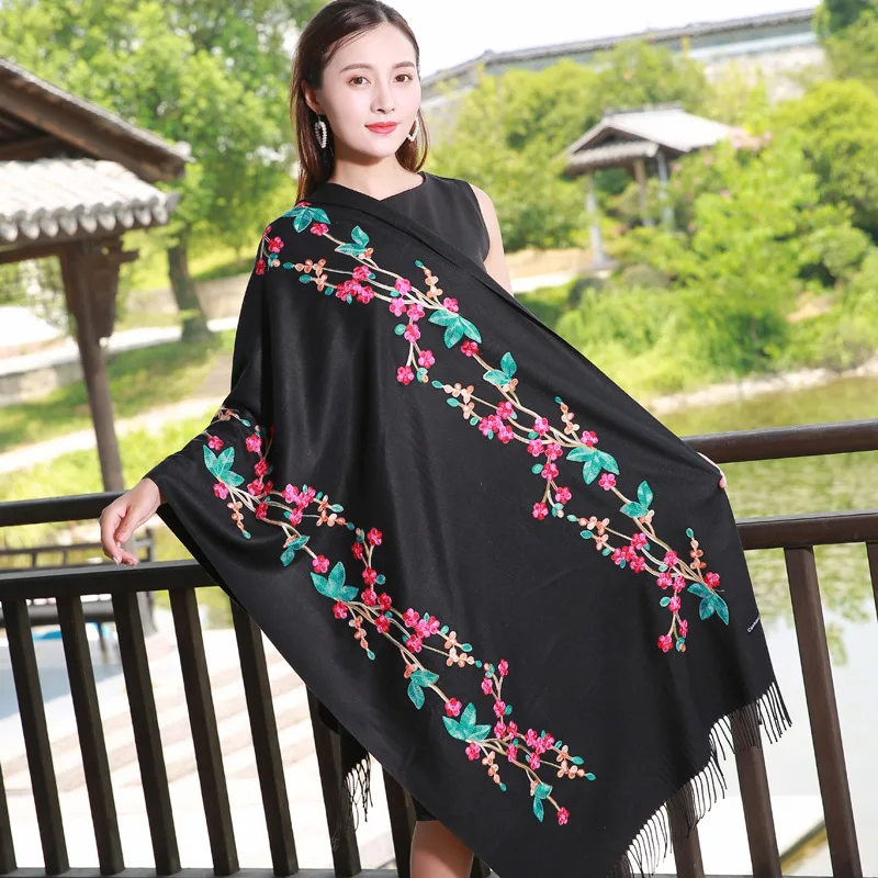 

Camel Embroidery flower Shawl Women Pashmina Warm Scarves Autumn Winter Fashion New female large tassel scarf