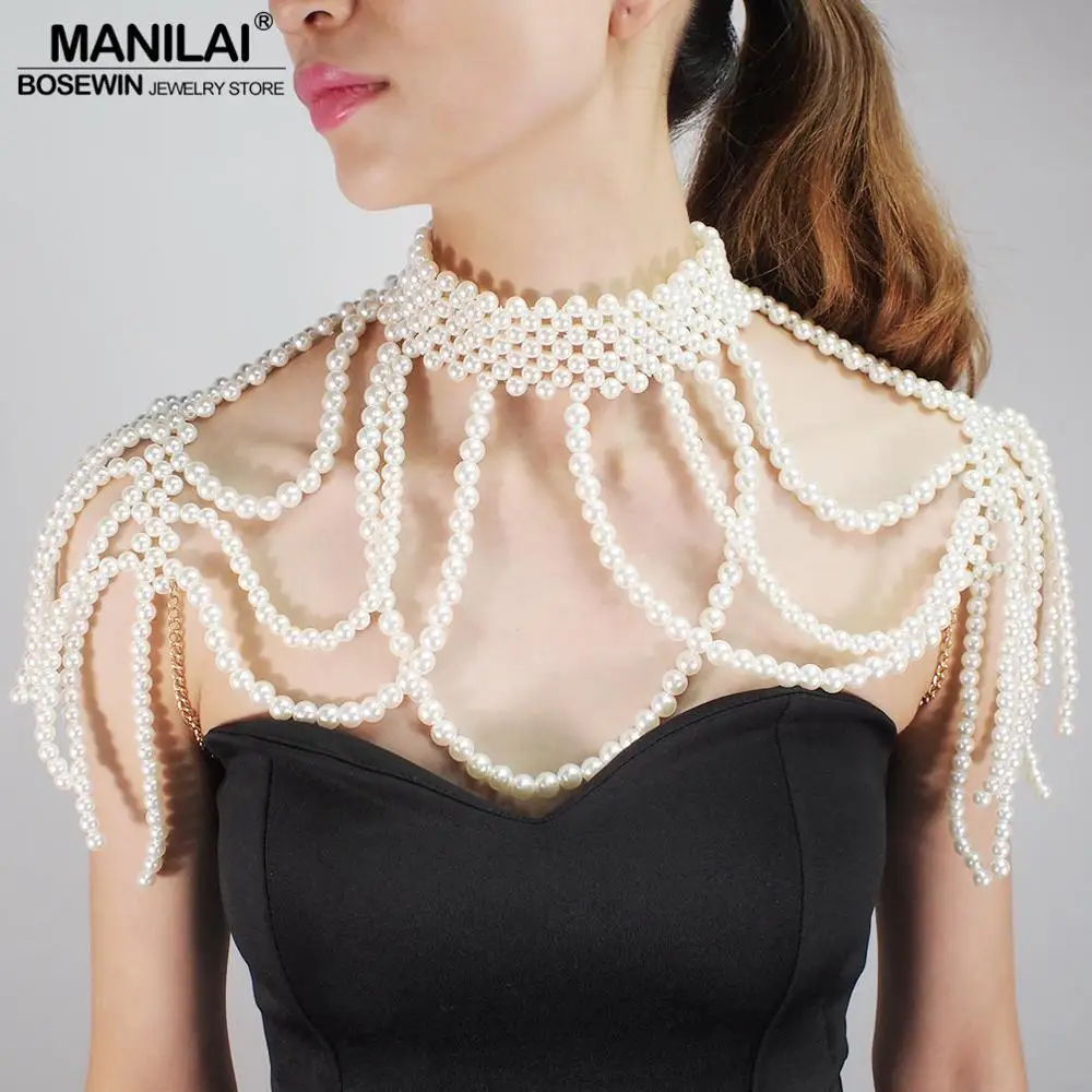 MANILAI Imitation Pearl Shoulder Chain Necklaces Multilayer Statement Necklaces Pendants Women Sexy Statement Body Party Jewelry