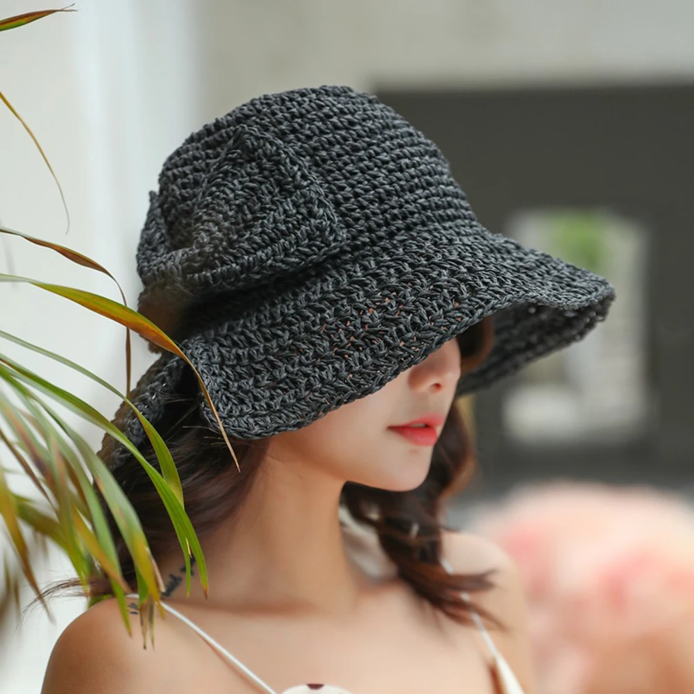 

Summer Bow Straw Weave Sun Hats Women Fisherman Hat Wide Brim Dome Top UV Protection Beach Foldable Gilrs Caps Female Caps xlia