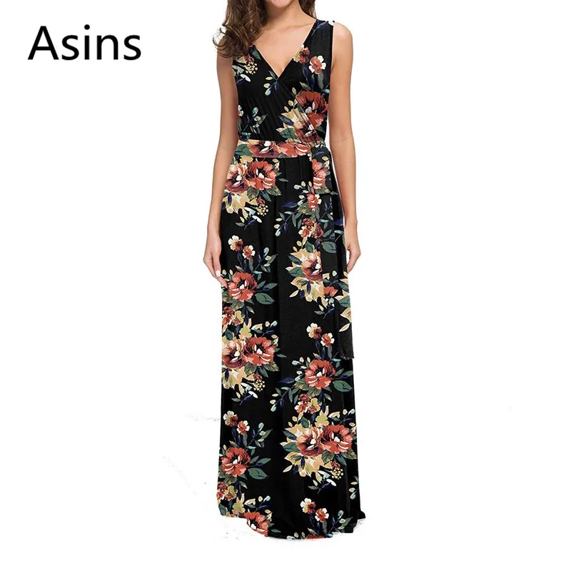 

Asins bohemian style dress woman 2019 summer new hot casual fashion v neck high waist printing sleeveless sashes sexy long dress