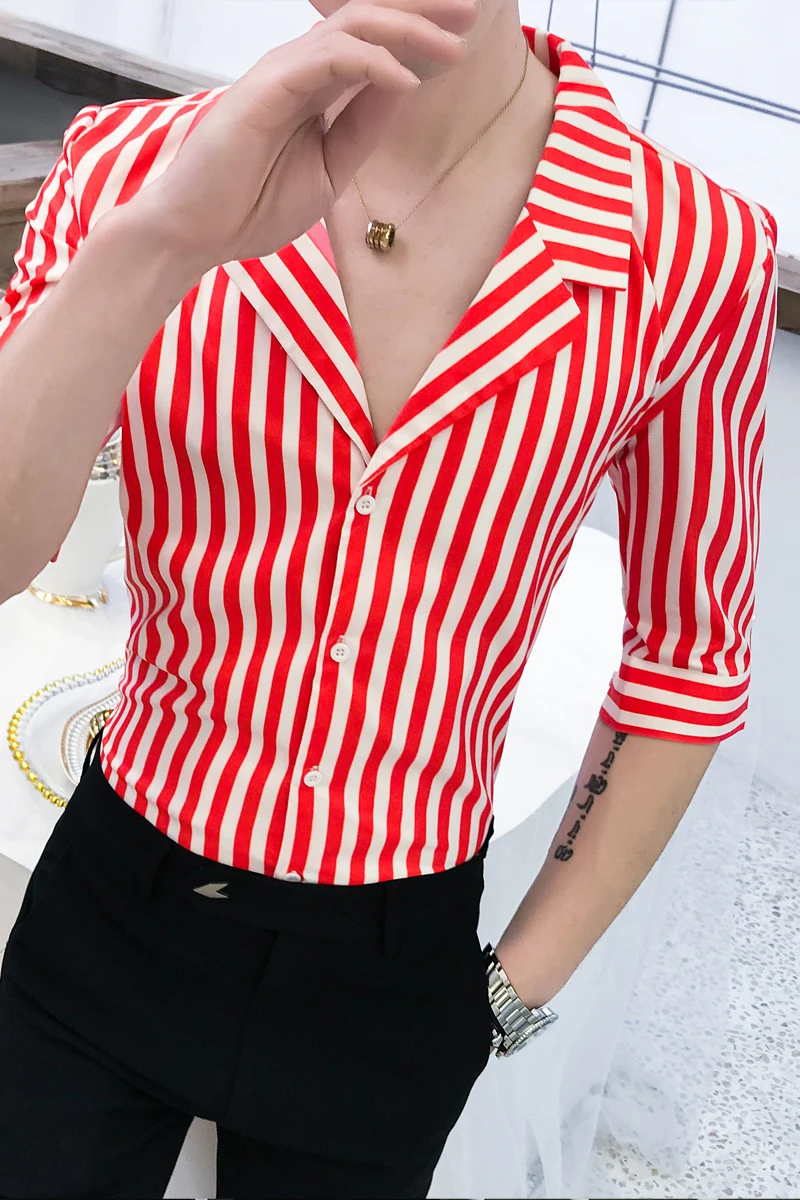 

Men's Fashion Shirt Designer Home Comfortable Striped Shirt Men's Slim Half Sleeve Double Collar High Quality Social Shirt